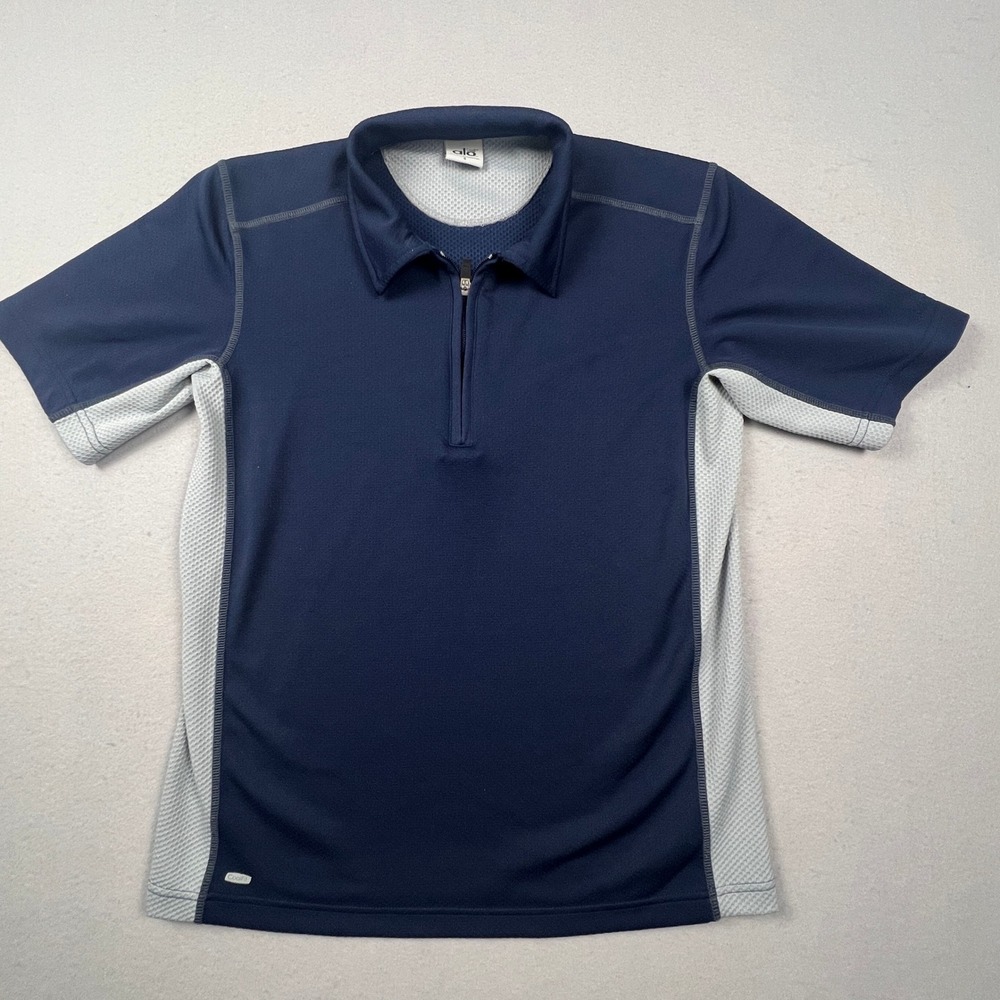 Alo CoolFit Polo Shirt Mens Small Navy Blue Quarter Zip Mesh Athletic Golf Top